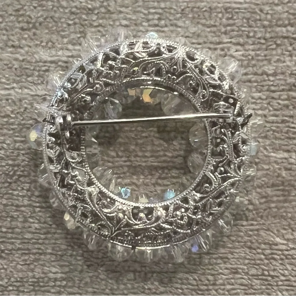 Vintage Clear Round Aura Borealis Crystal Silver Brooch